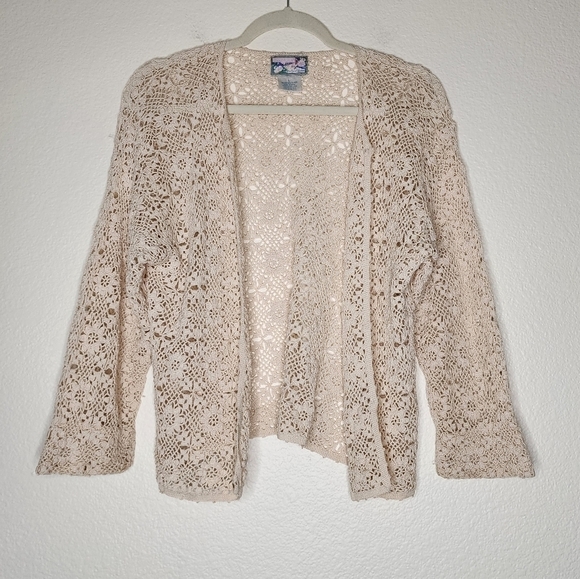 Vintage April Comell Cream Crochet Floral Cardigan L - Picture 2 of 7